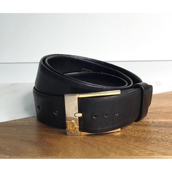 Christian Dior Other - Christian Dior Vintage Black Full Grain Leather Belt Gold Logo Buckle Sz 34 Lux